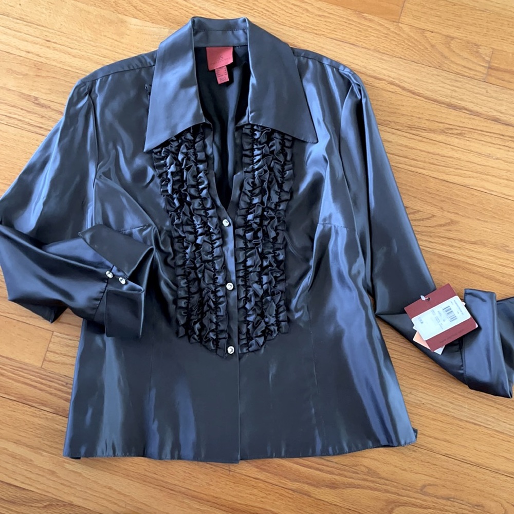 Elegant dark steel grey “taffeta” tuxedo blouse.